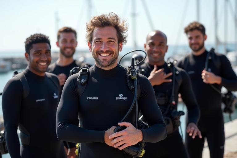 Arabian Dive Masters team smiling and preparing dive gear, emphasizing their passion