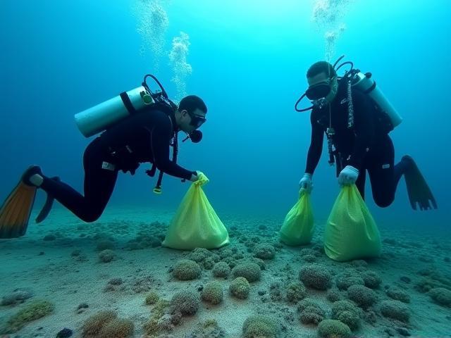 Divers carefully collecting debris from a coral reef during an underwater cleanup