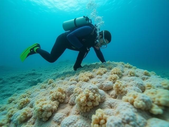 Marine biologist or diver inspecting coral fragments growing in an underwater nursery structure