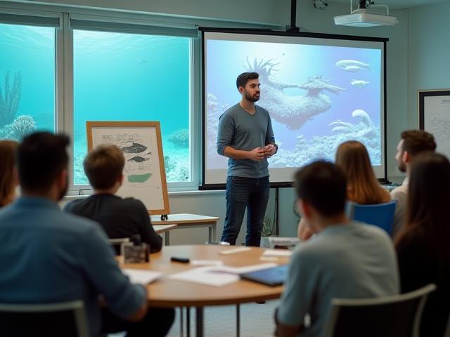 Instructor leading a group discussion about marine biology using visual aids