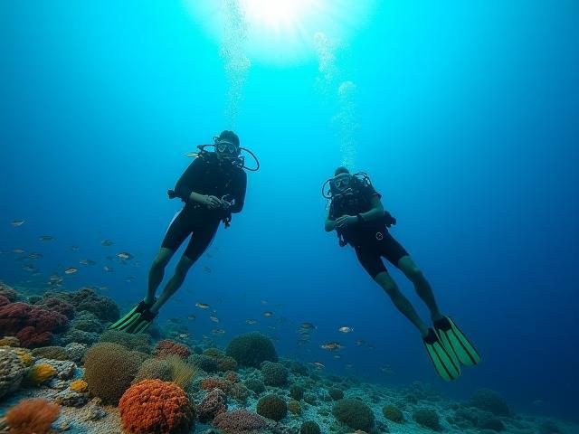 Divers maintaining neutral buoyancy while observing a school of fish near a reef